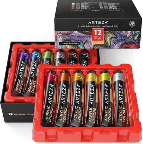 ARTEZA Metallic Acrylfarbe Set Mit 12 Farben Tuben 8 Oz 22 Ml Mit