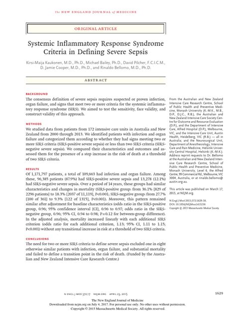 Systemic Inflammatory Response Syndrome Criteria In Defining Severe Sepsis Pdf Sepsis