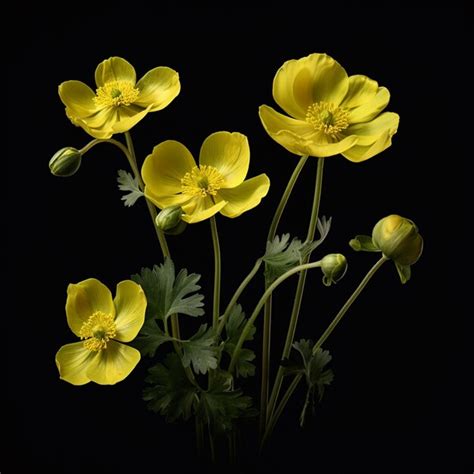 Um Ramo De Flores Amarelas Folhas Verdes E Uma Delas Caule