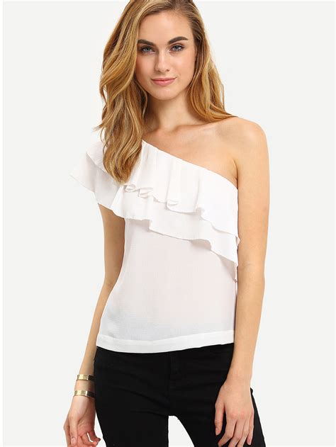 White One Shoulder Ruffle Blouse SheIn Sheinside