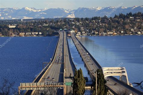 I-90 Bridge Seattle Mercer Island Snowy Cascade Mountains Washin ...