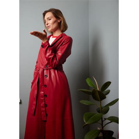 Long Button Up Eco Leather Trench Red Julia Allert Wolf Badger