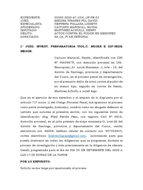 Apersonamiento Y Designacion De Abogado Pdf