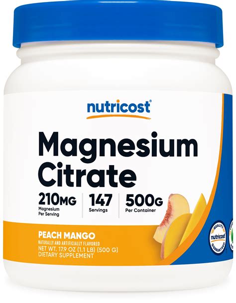 Nutricost Magnesium Citrate Powder Peach Mango 500 Gram Non Gmo Supplement