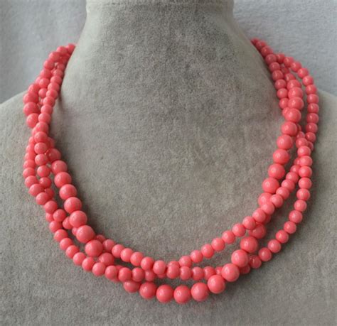 Pink Coral Bead Necklace 3 Strands Coral Pearl Necklace Statement