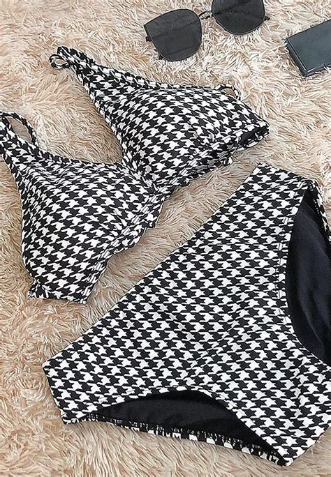 Sunnydaysweety Korean Thousand Bird Checker Cross Strap Swimsuit Sexy Bikini CA MT