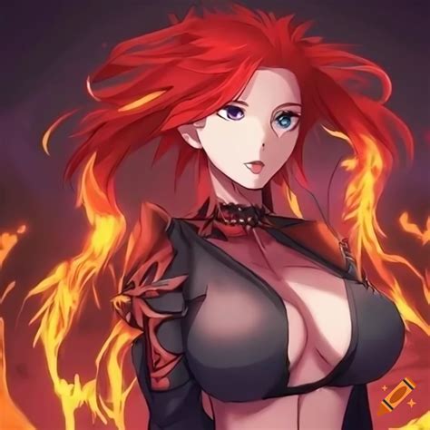 Powerful Anime Woman With Fiery Red Hair And Clothing On Craiyon