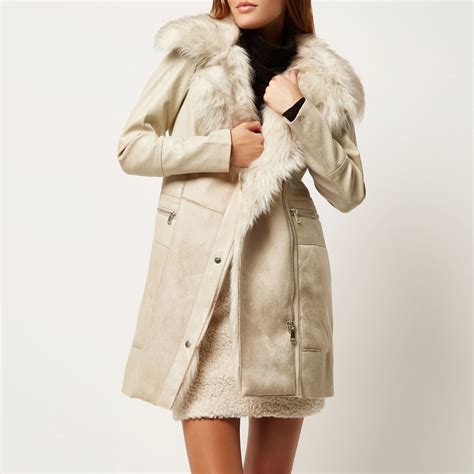 River Island Cream Faux Suede Winter Coat In Natural Lyst