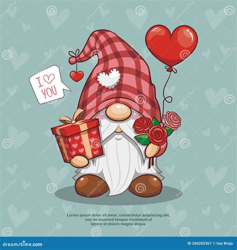 Happy Valentine Day With Cute Gnome Holding Flower Gift Box And Heart