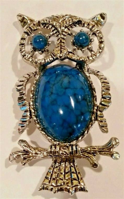 Vintage Faux Turquoise Owl Brooch Pin Pendant Signed Etsy