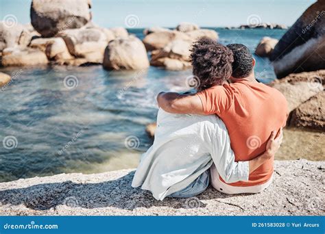 Couple Love And Hug On Beach For Relax Travel Vacation Together Or