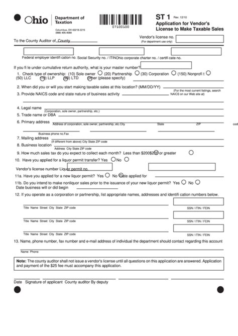 Fillable Form St Application For Vendor S License To Make Taxable