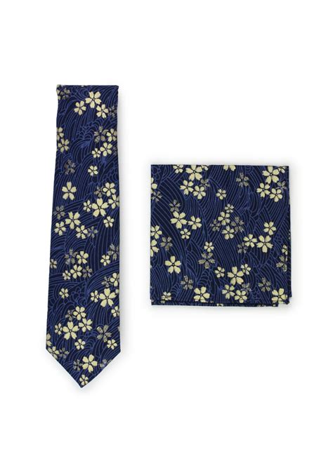 Navy And Gold Floral Tie Set Navy Necktie And Hanky With Gold Flowers