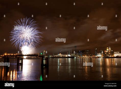 Liverpool Skyline at night with fireworks Stock Photo - Alamy