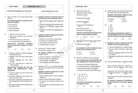 5 Sınıf Ses Bilgisi Testi ve Cevapları PDF 2 HangiSoru