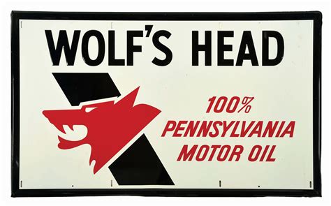 WOLF S HEAD MOTOR OIL TIN SERVICE STATION FLANGE SIGN W WOLF GRAPHIC