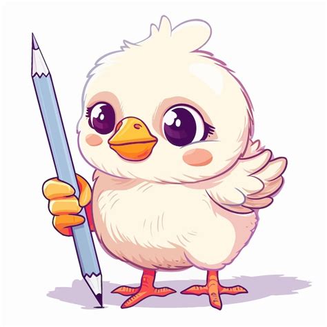 Un dibujo de un pollo de dibujos animados sosteniendo un lápiz Vector