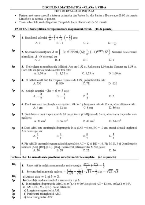 Teste inițiale la matematică cu rezolvări Matera ro