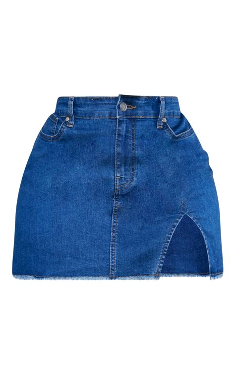 Plus Mid Blue Wash Stretch Denim Split Mini Skirt Prettylittlething Aus