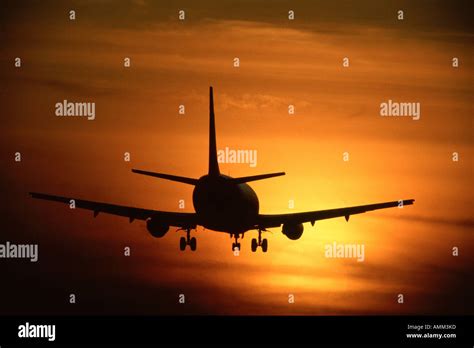 Plane Landing at Sunset Stock Photo - Alamy