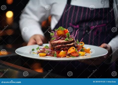 Chef Presenting A Gourmet Steak Dish With Garnish On Plate Stock Image