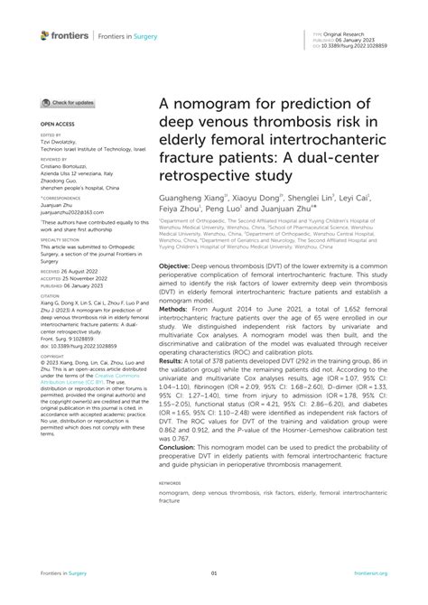 Pdf A Nomogram For Prediction Of Deep Venous Thrombosis Risk In Elderly Femoral