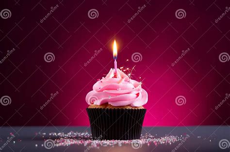 Birthday Cupcake With Candle And Pink Decoration Stock Image Image