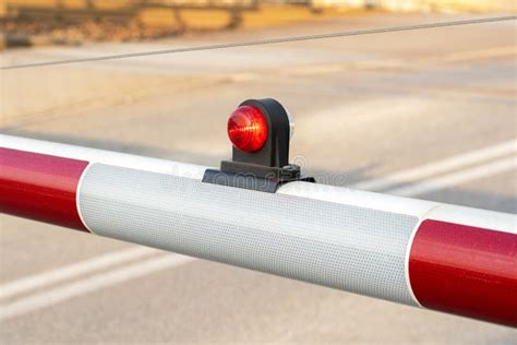 Simple Rail Crossing Barrier Red Light Train Crossing Railroad Station Gate Detail Closeup