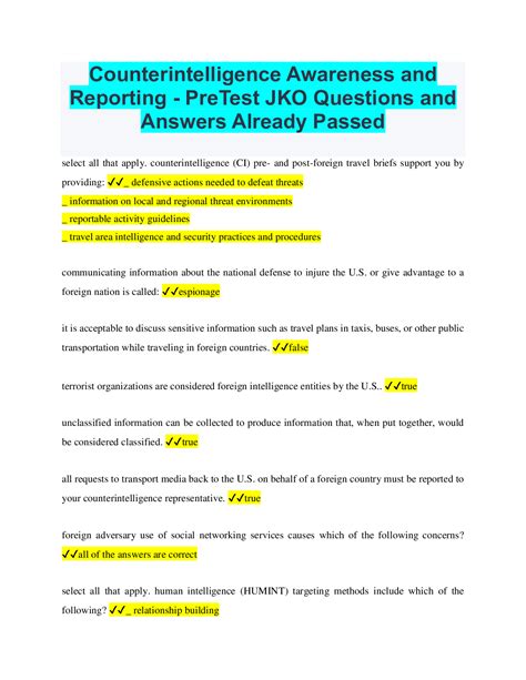 Counterintelligence Awareness And Reporting PreTest JKO Questions And