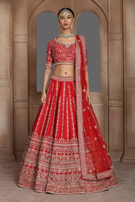 Buy Red Raw Silk Embroidery Zari Akira Stripe Pattern Bridal Lehenga