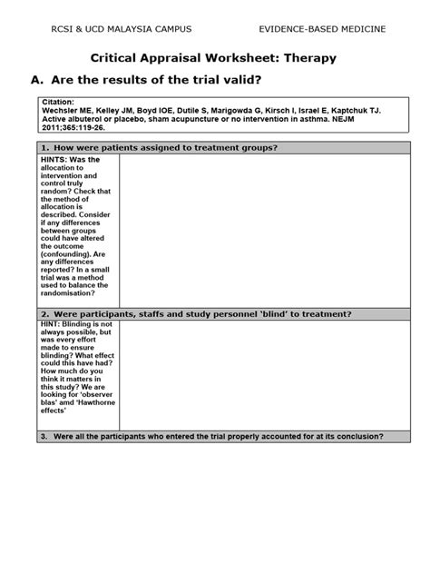 Therapy Critical Appraisal Worksheet Pdf Confidence Interval Evidence Based Medicine