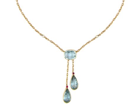 Double Drop Aquamarine 15ct Gold Edwardian Necklace 347d The Antique Jewellery Company