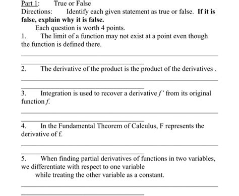 Solved Part 1 True Or False Directions Identify Each Given Chegg