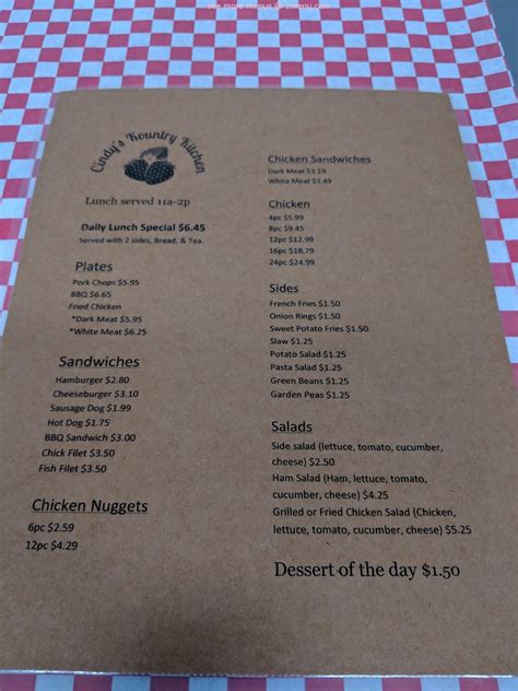 Menu At Cindys Kountry Kitchen Restaurant Chadbourn