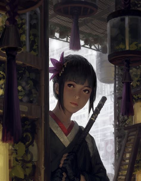 Original Character Anime Girl Guweiz Z W Gu Samurai Female