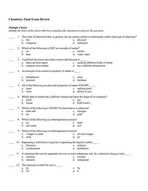 Chemistry Final Exam Review 1 Chemistry Final Exam Review Multiple Choice Identify The Letter