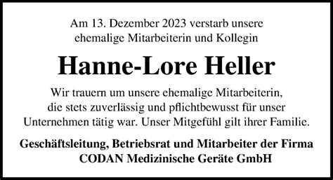 Traueranzeigen Von Hanne Lore Heller Trauer Anzeigen De