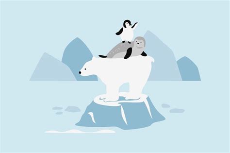 La Foca Del Oso Polar Y El Pingüino En El Iceberg Derretido Ilustración Vectorial Vector Premium