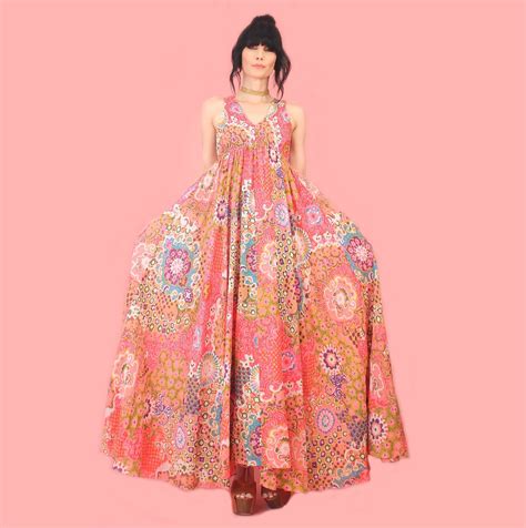 Vintage S Psychedelic Maxi Dress Pink Psychadelic Print Cotton