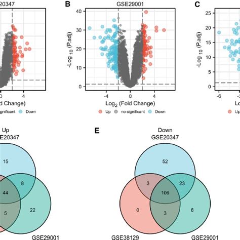 Identification Of Degs A C Volcano Plots Of Degs In Gse20347 Gse29001
