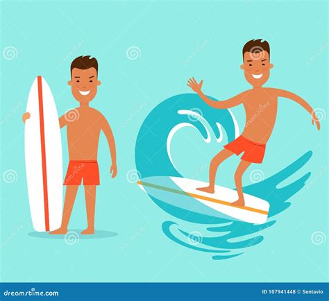 Flat Man With Surfboard Surfing Sea Wave Va Stock Illustration