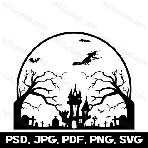 Halloween Graveyard Silhouette Witch Svg Png Jpg Psd Pdf File Types Dead Tree Bats Moon ...