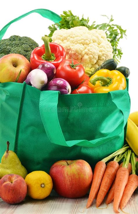 Green Shopping Bag With Grocery Products On White Stock Image Image