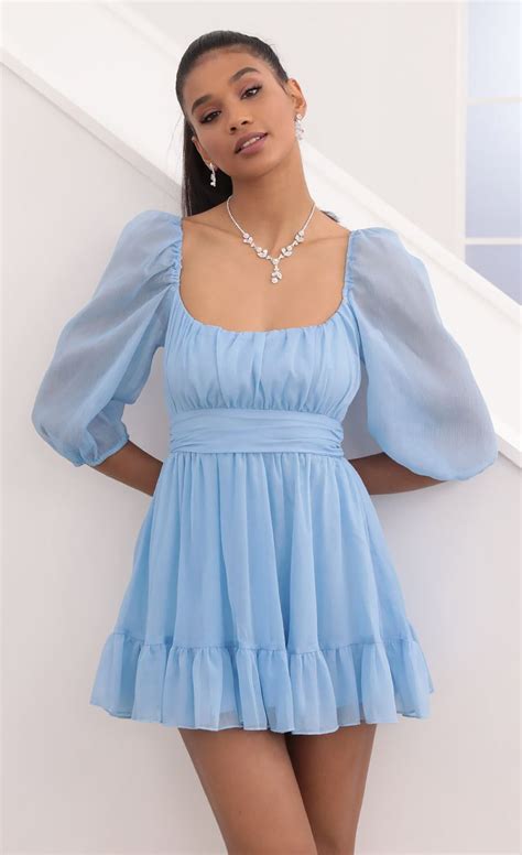 Neia Ruffle Dress in Blue Sparkly Chiffon | Lucy in the Sky