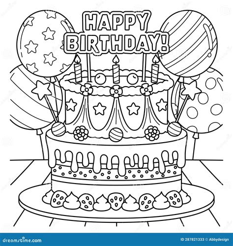 Happy Birthday Cake Coloring Page for Kids Stock Vector - Illustration ...