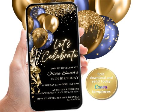 Digital Black Navy Gold Birthday Party Invitation Navy Gold Balloons Phone Text Message Evite