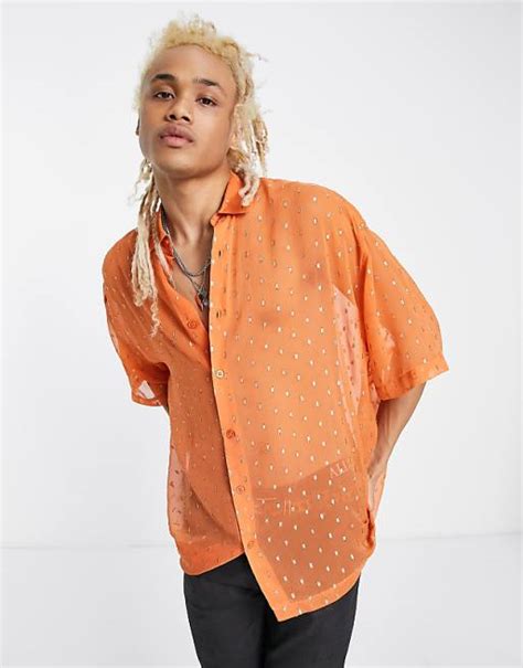 Asos Design Boxy Oversized Shirt In Sheer Orange Asos