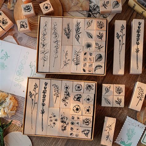 Set von 22 Stück Stempel aus Holz Pflanzen Blatt Blumen dekorative