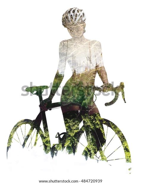 Silhouette Naked Woman Bicycle Combined Nature Stock Photo