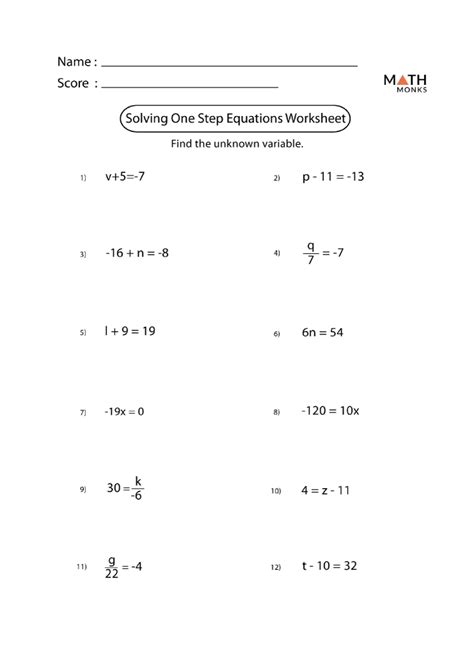 One Step Equations Worksheets - Math Monks